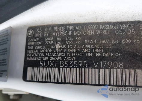 2005 BMW X5 4.4I из США, поврежденный, VIN 5UXFB53595LV17908